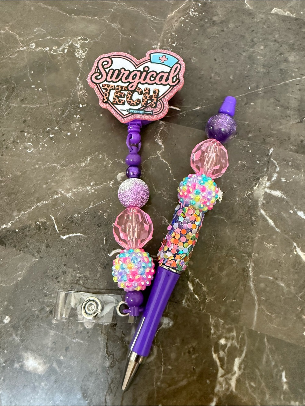 Surgical Tech Purple Glitter Beaded Pen and Matching Badge Reel Set Handmade